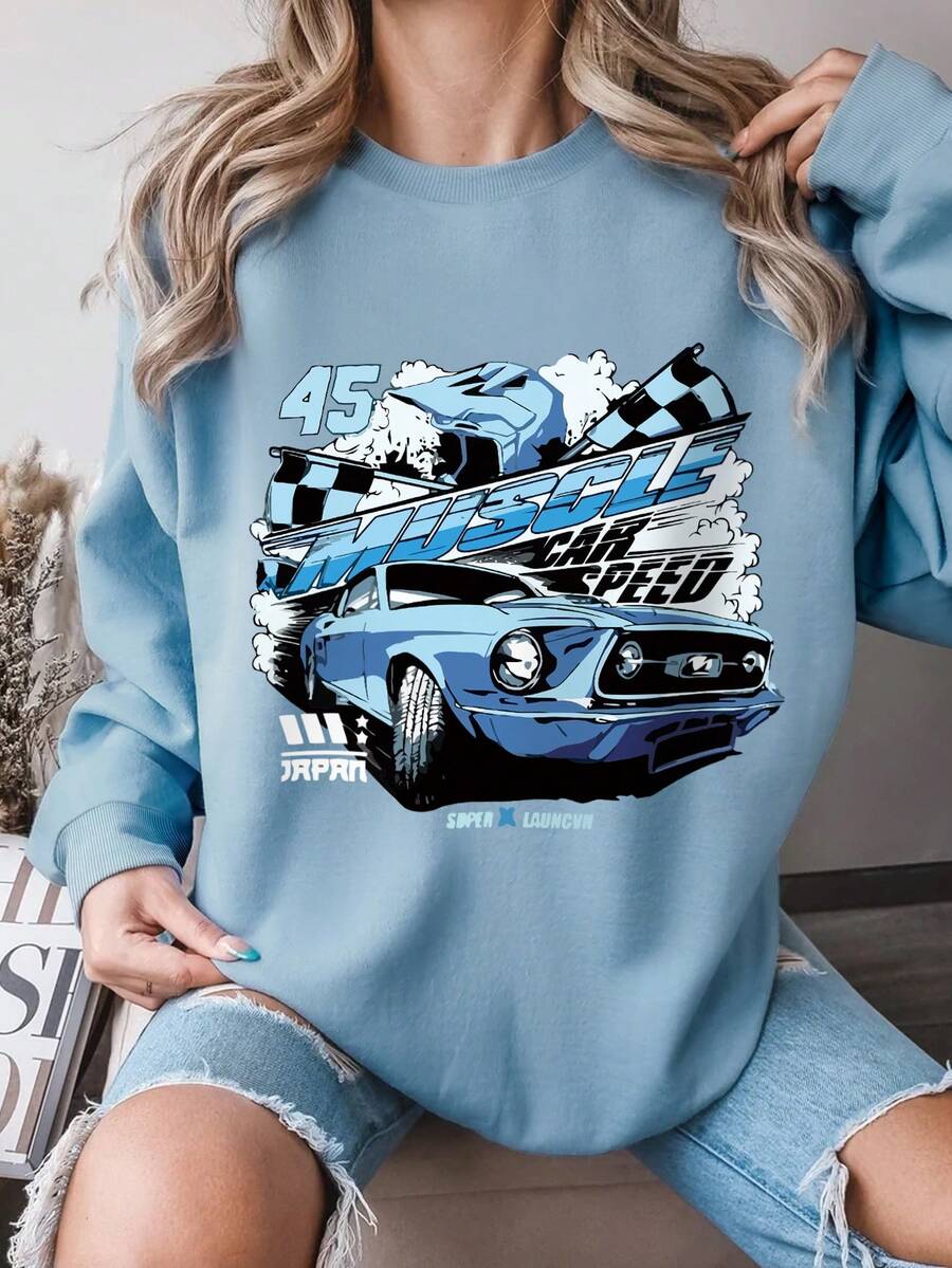 SHEIN EZwear Hơn Đồ họa ô tô và chữ cái Thả vai Áo nỉ - Màu xanh nhạt - Xem 1