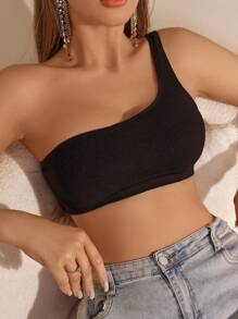 Women's Black Knitted High Stretch Casual Sporty Backless One Shoulder Crop Top Bralette - Black - View 1