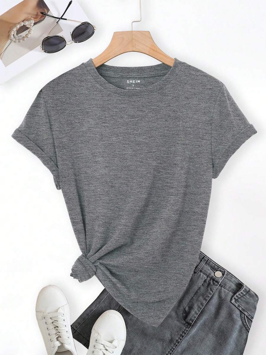 SHEIN LUNE 素色圓領T恤 - 灰色 - 查看 1