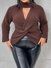 SHEIN Unity Plus Choker Neck Twist Front Sweater Knit Pullover Fall Winter Sweater - Brown - View 3