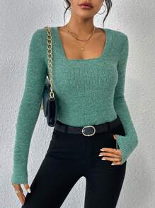 SHEIN Essnce Square Neck Ribbed Knit Tee - Green - View 6