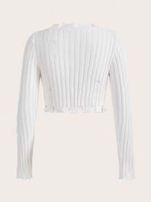 SHEIN ICON Hình trái tim Cắt ra Đau khổ Cắt tỉa Áo len Crop - trắng - Xem 2