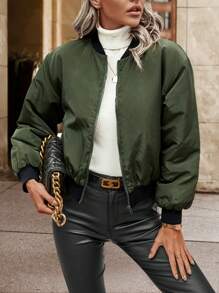 SHEIN Unity 拉链落肩棒球领加厚棉服外套冬季 - 軍綠色 - 查看 4