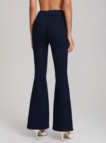 Latasha V Henderson 设计师品牌女式高腰喇叭牛仔裤，秋季，适合秋冬季，假日 - 深色水洗藍 - 查看 2