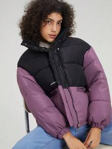 Letter Graphic Colorblock Padded Coat - Purple - View 8