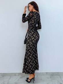 Aloruh Lace Square Neck Mermaid Hem Date Night Dress - Black - View 2