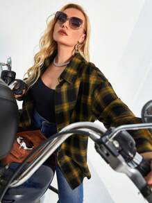 Flirla Women's Plus Size Plaid Button Up Shirt - Yellow - View 3