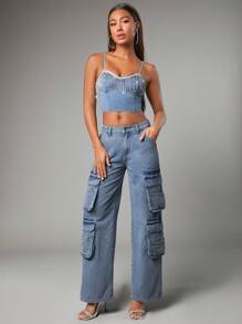 SHEIN BAE 流蘇鑽鎖派對女士牛仔上衣西部戲服 - 藍色 - 查看 2