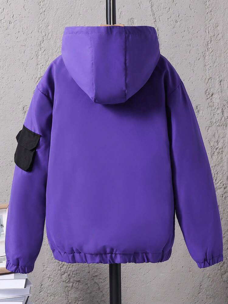 Tween Boy 1pc Flap Pocket Hooded Thermal Lined Jacket