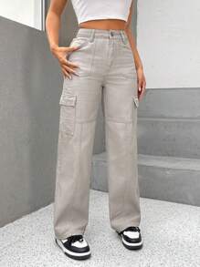 SHEIN PETITE Flap Pocket Side Cargo Jeans - Light Grey - View 4