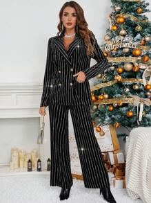 SHEIN Privé In sọc Đôi ngực Blazer & quần - màu đen - Xem 5