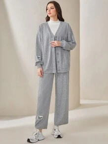 Mulvari Women's Drop Shoulder Jacket And Pants Set - Grey - View 4