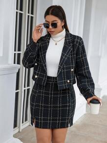 SHEIN Unity Plus Plaid Double Breasted Blazer & Split Hem Skirt, For Winter