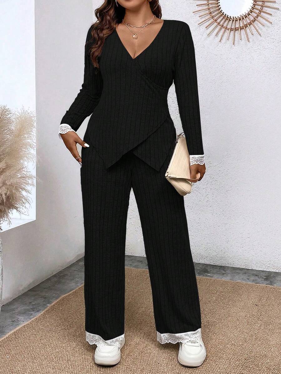 Calvaya Plus Contrast Lace Asymmetrical Hem Tee & Pants - Black - View 1