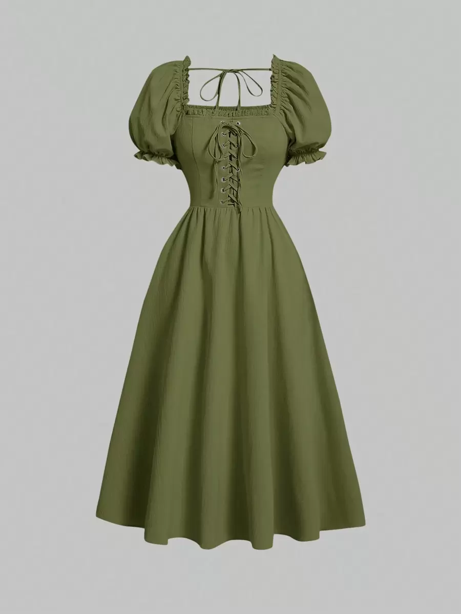 SHEIN MOD 素色前繫帶泡泡袖洋裝 - 軍綠色 - 查看 1