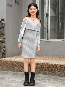 SHEIN Tween Girls' Off Shoulder Flared Sleeve Ribbed Knit Dress - Grey - View 6