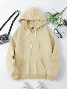 SHEIN Unity Áo hoodie có dây rút in khẩu hiệu thoải mái hàng ngày dành cho nữ, dáng rộng, vai trễ, túi , lót nhiệt, thu/đông - Màu be - Xem 2