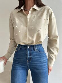 EURMUSE Ngọc trai Và Rhinestone đính cườm Thả vai Áo sơ mi - Màu be - Xem 5