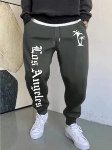 Manfinity Homme 男士寬鬆款掌樹和字母印花運動長褲,腰部繩帶 - 灰色 - 查看 5