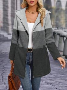 SHEIN LUNE 撞色拉鏈開襟連帽外套 - 灰色 - 查看 3