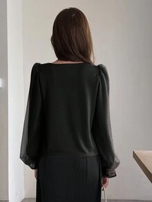 方領擴袖t卹 - 黑色 - 查看 2