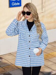 SHEIN Essnce 千鳥格印花翻蓋口袋落肩袖外套 - 藍色 - 查看 3
