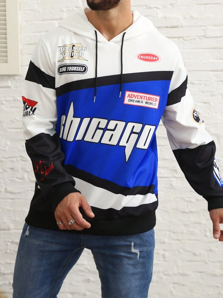 Men Plus Letter Graphic Colorblock Drawstring Hoodie