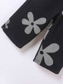 Baby Girls Cute Summer Holiday Floral Prints Paperback Waist Relax Wide Leg Jeans, Daily Fashion - Black - View 4