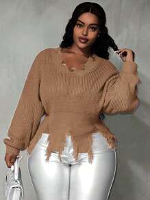 Slaydiva Plus Drop Shoulder Distressed Trim Sweater In Fall/Winter - Khaki - View 1
