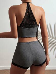 Contrast Lace Halter Top & Shorts PJ Set / Pajama Set - Dark Grey - View 5
