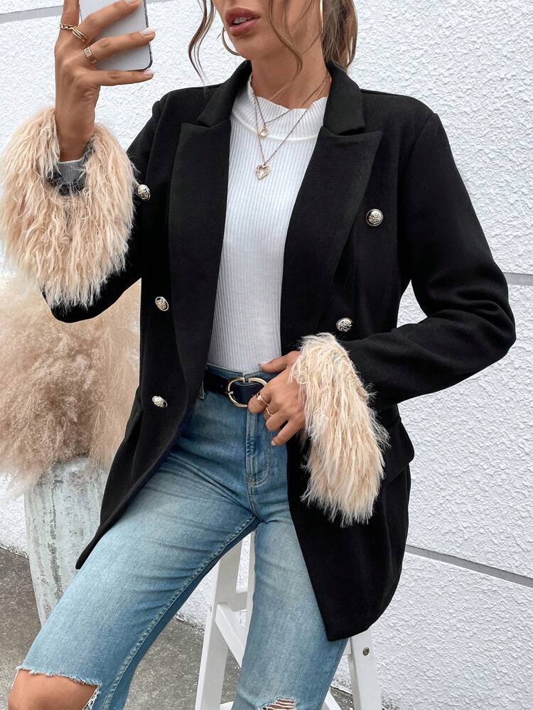 Fuzzy Cuff Lapel Neck Double Breasted Overcoat