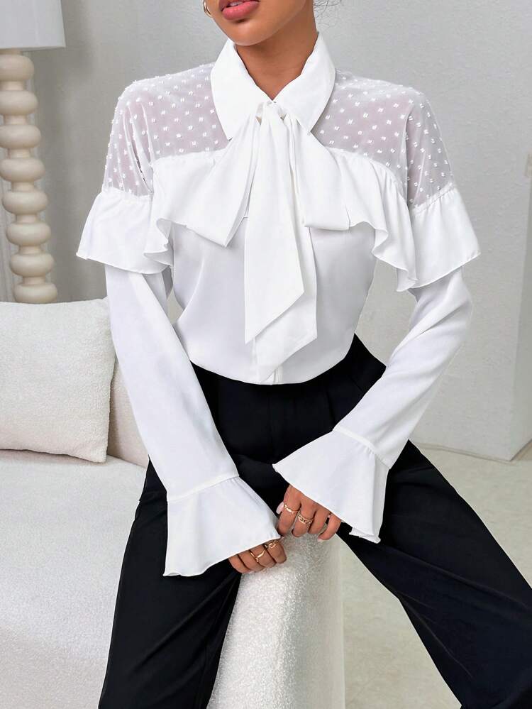 Contrast Mesh Ruffle Trim Tie Neck Flounce Sleeve Blouse