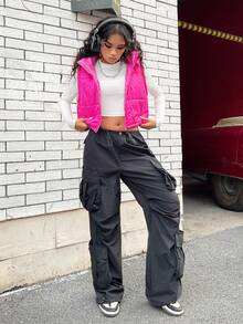 SHEIN EZwear 拉链连帽背心夹棉外套 - 玫紅色 - 查看 6