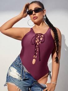 SHEIN Swim Curve Plus Size Solid Color Bandeau One-Piece Swimsuit, For Summer Beach Vacation - Red Violet - View 1