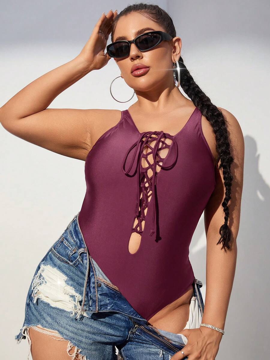 SHEIN Swim Curve Plus Size Solid Color Bandeau One-Piece Swimsuit, For Summer Beach Vacation - Red Violet - View 1