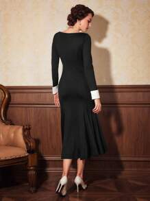 Vintamour 复古风格女式鱼尾露肩连衣裙 - 黑與白 - 查看 8