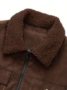 Men Flap Pocket Teddy Lined Jacket - Coffee Brown - View 6