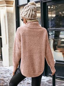 SHEIN LUNE High Neck Raglan Sleeve Sleeve Knit Pullover Fall Winter Sweater - Dusty Pink - View 2