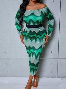 Maweii Plus Allover Print Off Shoulder Bodycon Dress Without Belt - Multicolor - View 1
