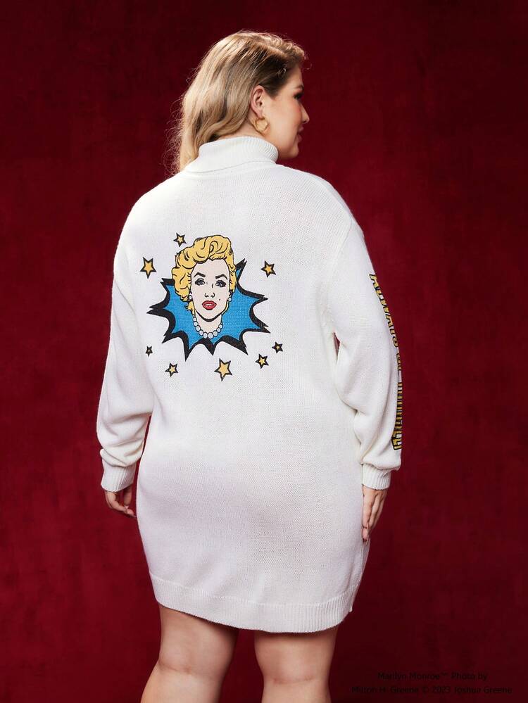 Plus Lip & Letter Pattern Turtleneck Drop Shoulder Sweater Without Belt