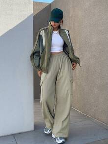 Dazy Star Contrast Piping Dây kéo Thả vai Áo khoác - Màu xanh lá cây đậm - Xem 8