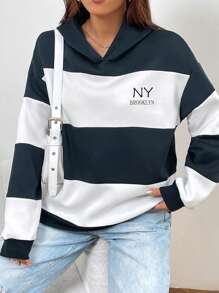 INAWLY 字母圖案撞色落肩袖連帽衫 - 藍白色 - 查看 4