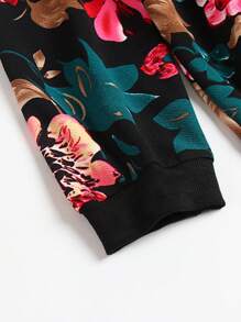 Plus Floral Print Drawstring Waist Curved Hem Coat - Black - View 7