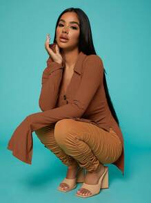 SHEIN SXY Nút phía trước Tách tay áo Áo thun - màu nâu - Xem 5