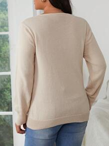 SHEIN Frenchy Suéter Con Media Tapeta Y Botones De Color Liso De Talla Grande - Caqui - Ver 2