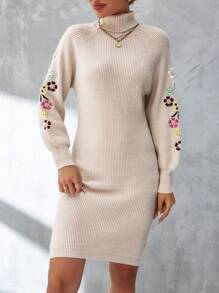 SHEIN Clasi 女款高領花朵刺繡毛衣洋裝 - 杏色 - 查看 6