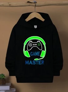 SHEIN Tween Boy Reflective Gamepad & Letter Graphic Hoodie - Black - View 1