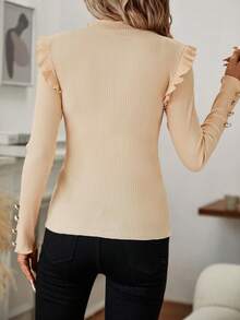 SHEIN Clasi Mock Neck Ruffle Trim Button Detail Ribbed Knit Tee - Apricot - View 2