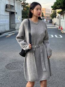 Dazy Star Drop Shoulder Belted Sweater Dress,Fall Women Clothes - Grey - View 1