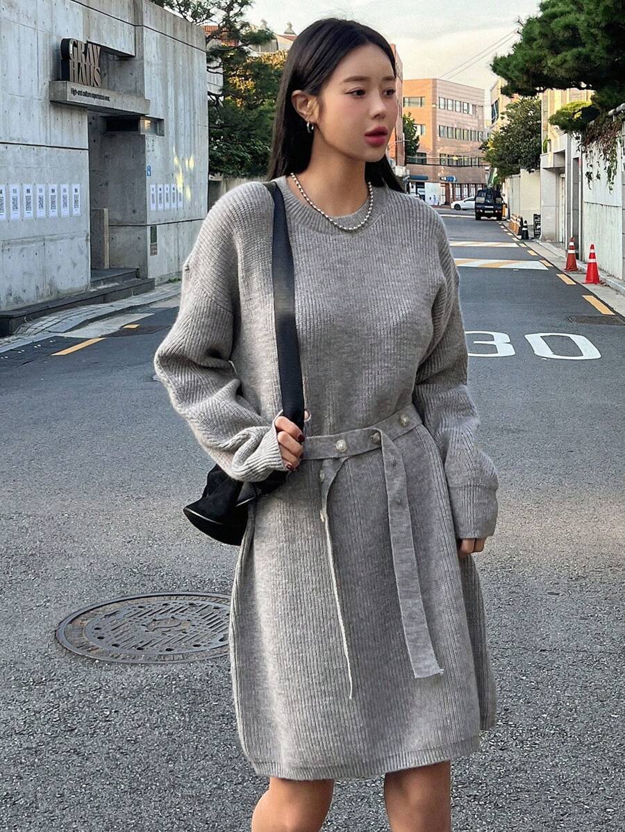 Dazy Star Drop Shoulder Belted Sweater Dress,Fall Women Clothes - Grey - View 1